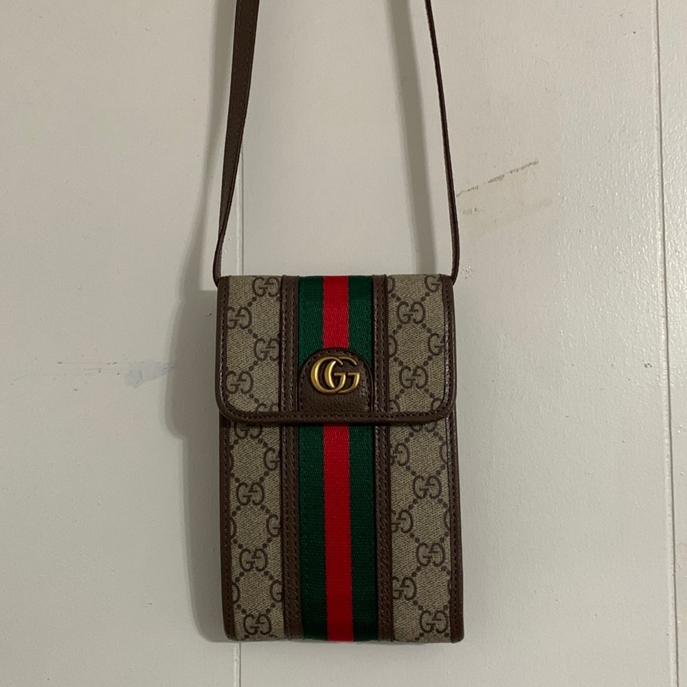 Gucci Brown GG Supreme Canvas Phone Crossbody with Green and Red Stripe